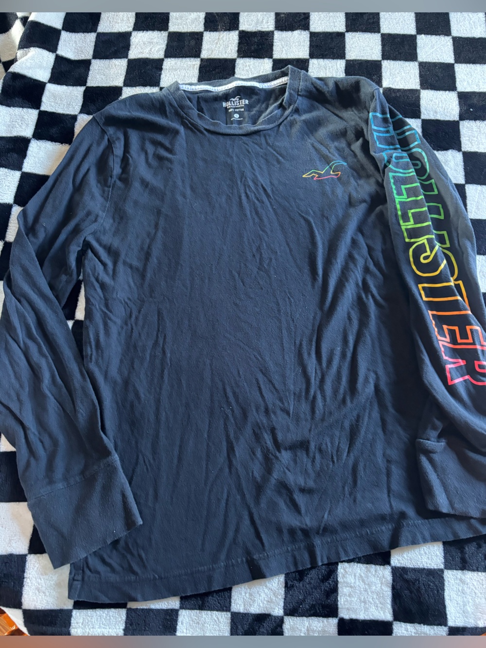 Men’s small Hollister Black Long-Sleeve Tee with Rainbow Sleeve Print
